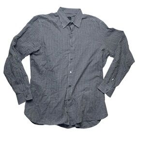 Ermenegildo Zegna mens large long sleeve button Black White Gingham Shirt FLAW